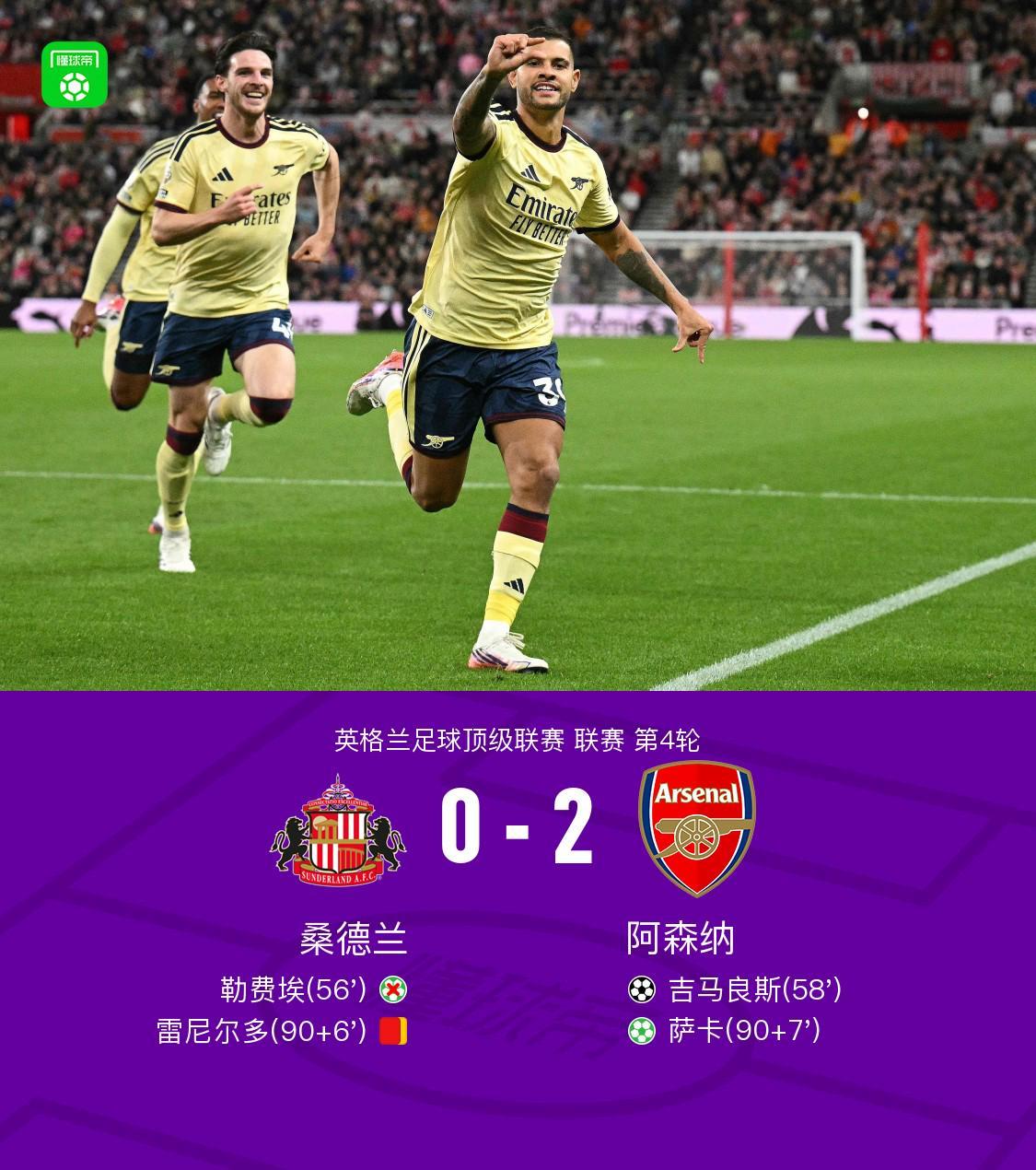 剑南春｜阿森纳2-0桑德兰，吉马良斯世界波，萨卡点射，拉亚扑点